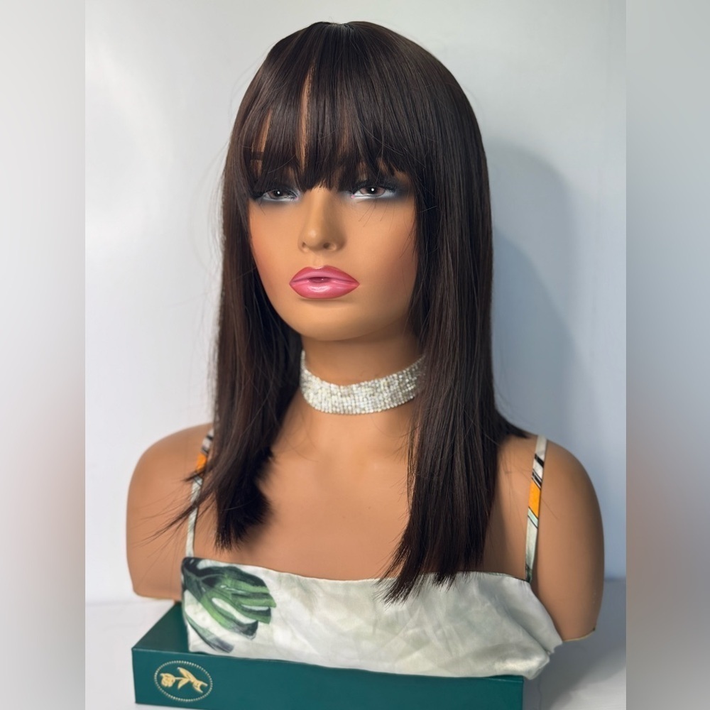 Straight‎ Brown Wig with Bangs for Women – Natural Looking Medium Length